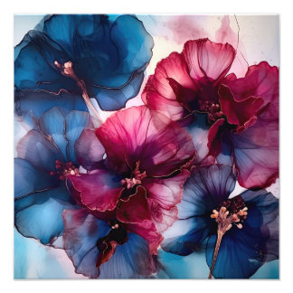 Blauwe en Abstracte bruine bloemen Foto Afdruk