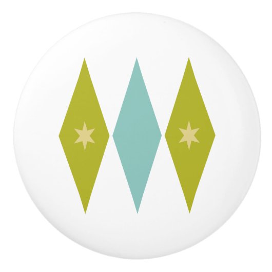 Blauwe en avocado groene diamanten sterren Mid Mod Keramische Knop (Voorkant)