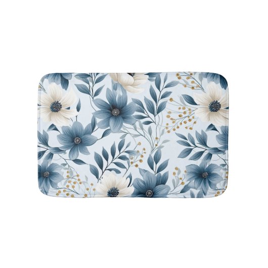 Blauwe en beige bloemen badmat (Voorkant)