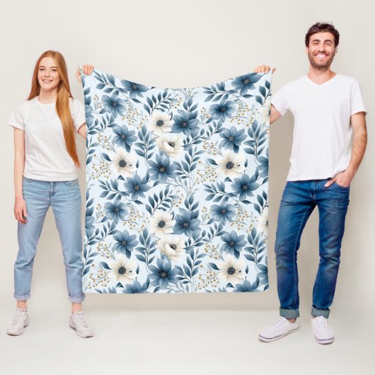 Blauwe en beige bloemen fleece deken (In situ)