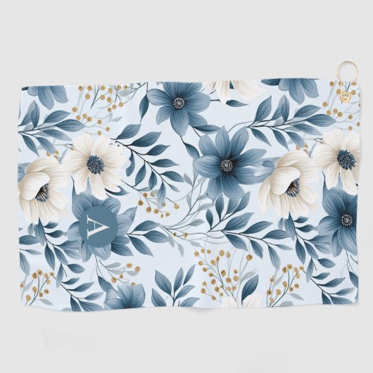Blauwe en beige bloemen golfhanddoek (Horizontaal)