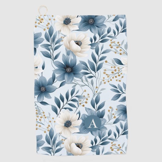 Blauwe en beige bloemen golfhanddoek (Voorkant)