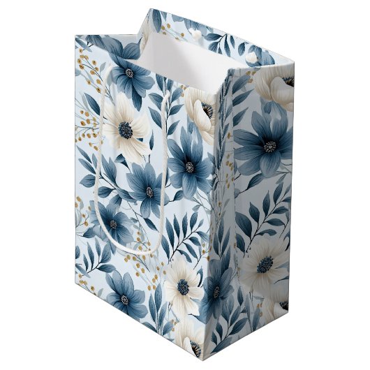 Blauwe en beige bloemen medium cadeauzakje (Voorkant Gekanteld)