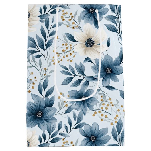 Blauwe en beige bloemen medium cadeauzakje (Achterkant)