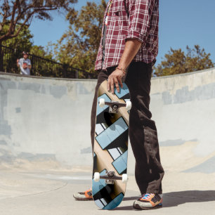 Blauwe en beige geometrische architectuur skateboard