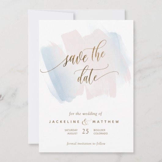 Blauwe en blauwe penseelstreken, minimale bruiloft save the date (Voorkant)