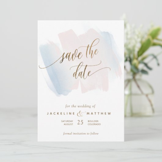 Blauwe en blauwe penseelstreken, minimale bruiloft save the date (Staand voorkant)