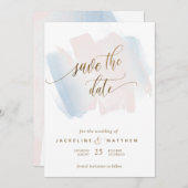 Blauwe en blauwe penseelstreken, minimale bruiloft save the date (Voorkant / Achterkant)