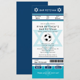 Blauwe en Blauwgroen Bar Mitzvah Soccer Ticket Inv Kaart