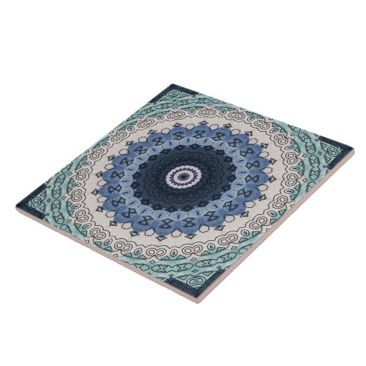 Blauwe en Blauwgroen Mandala met geometrische symm Tegeltje (Zijkant)
