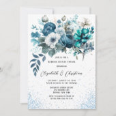 Blauwe en Blauwgroen Pioen Glitter Bruiloft Koppel Kaart (Voorkant)