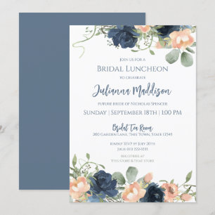 Blauwe en Blush Floral Bridal Luncheon Invitation Kaart