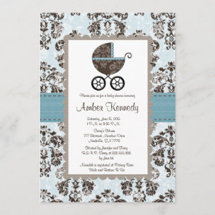 Blauwe en bruine Damask Baby Shower-uitnodigingen Kaart