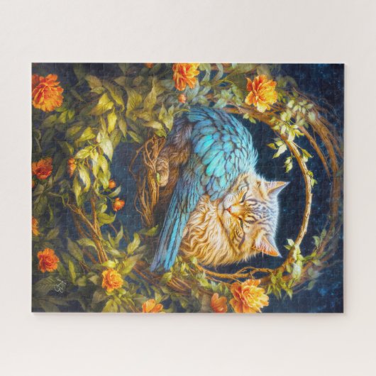 Blauwe en Bruine Tabby Kat met Veren Legpuzzel (Horizontaal)