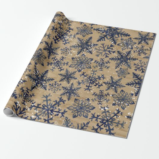Blauwe en bruine Waterverf Snowflake Pattern Cadeaupapier (Uitgerold)