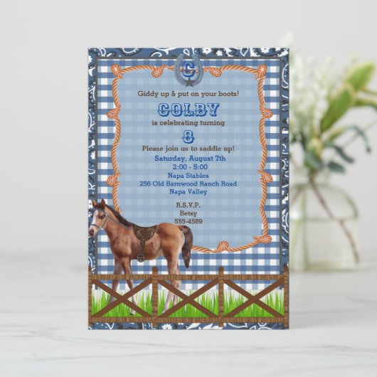 Blauwe en bruine western paard uitnodiging (Staand voorkant)