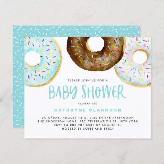 Blauwe en chocolade Donuts Baby shower Uitnodiging (Voorkant / Achterkant)
