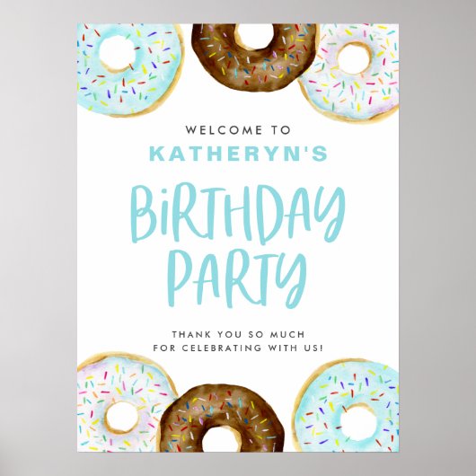 Blauwe en chocolade Donuts Birthday Party Welkom Poster (Voorkant)