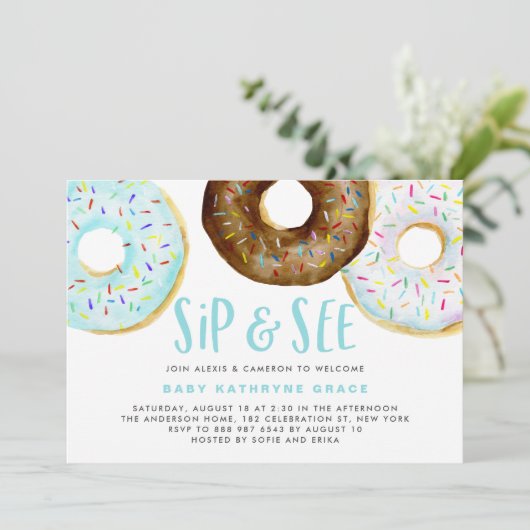 Blauwe en Chocolade Donuts Sprinkles Sip and See Kaart (Staand voorkant)