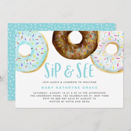 Blauwe en Chocolade Donuts Sprinkles Sip and See Kaart (Voorkant / Achterkant)