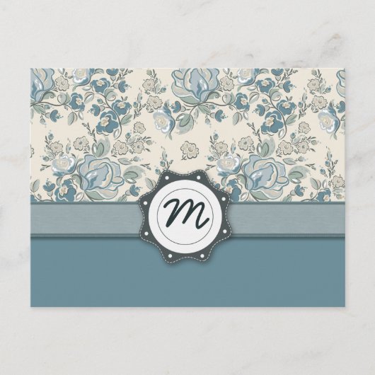 Blauwe en Cream-Rozen met monogram Briefkaart (Voorkant)