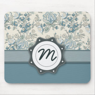 Blauwe en Cream-Rozen met monogram Muismat