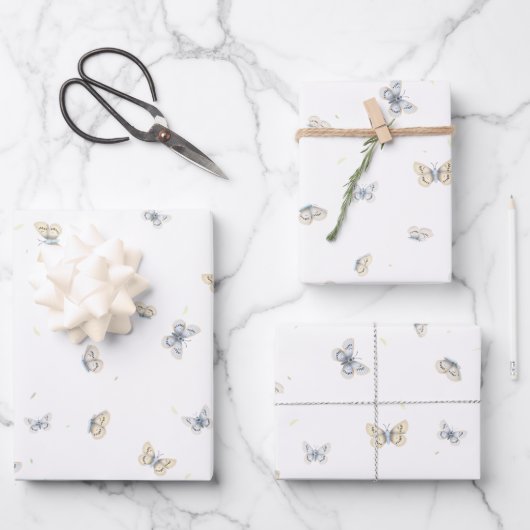 Blauwe en Crème Vlinders Tuin Fauna Wrapping P Inpakpapier Vel (Voorkant)
