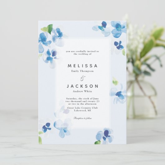 Blauwe en fijne bloei bruiloft kaart (Staand voorkant)