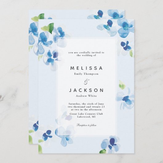 Blauwe en fijne bloei bruiloft kaart (Voorkant / Achterkant)