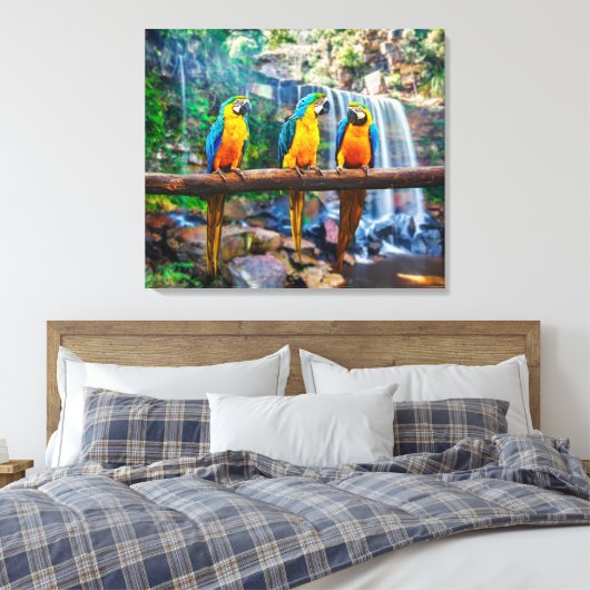 Blauwe en gele ara bij Tropical Waterfall Canvas Afdruk (Insitu (Slaapkamer))