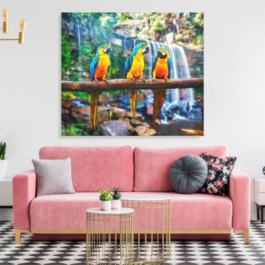 Blauwe en gele ara bij Tropical Waterfall Canvas Afdruk (Insitu (Woonkamer))