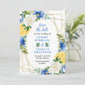 Blauwe en Gele Bloemen Bruiloft Save The Date (Staand voorkant)