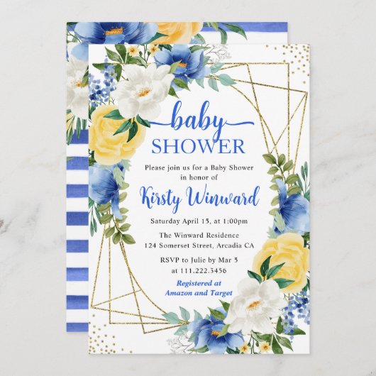 Blauwe en gele bloemen en goudLijst Baby shower Kaart (Voorkant / Achterkant)