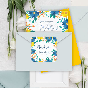 Blauwe en Gele Bloemen Huwelijk Dank u Vierkante Sticker