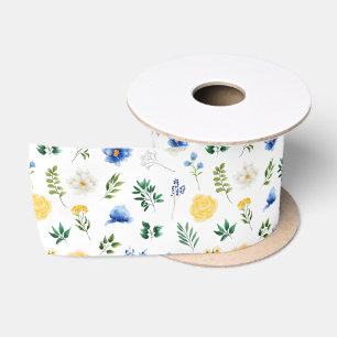 Blauwe en Gele Bloemen met Bladpatroon Lint