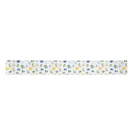 Blauwe en gele bloemen met gebladerte patroon lint (Voorkant)