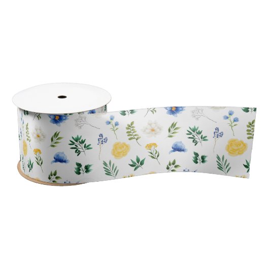 Blauwe en gele bloemen met gebladerte patroon lint (Spoel)
