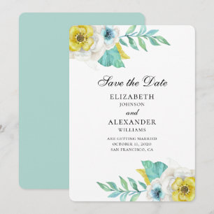 Blauwe en gele bloemen. Mint bloemen save the date Kaart