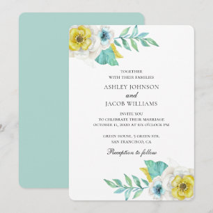 Blauwe en gele bloemen. Mint botanische bruiloft Kaart