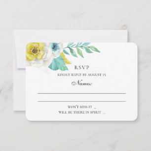 Blauwe en gele bloemen. Munt bloemige bruiloft RSVP Kaartje
