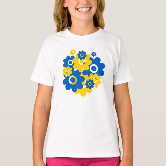 Blauwe en gele bloemen t-shirt (Voorkant)