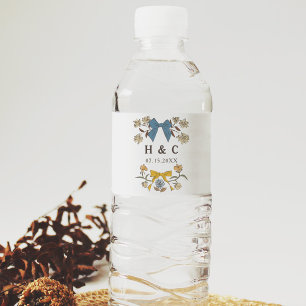 Blauwe en gele bogen Blossom Wedding Monogram Waterfles Etiket