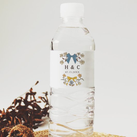 Blauwe en gele bogen Blossom Wedding Monogram Waterfles Etiket