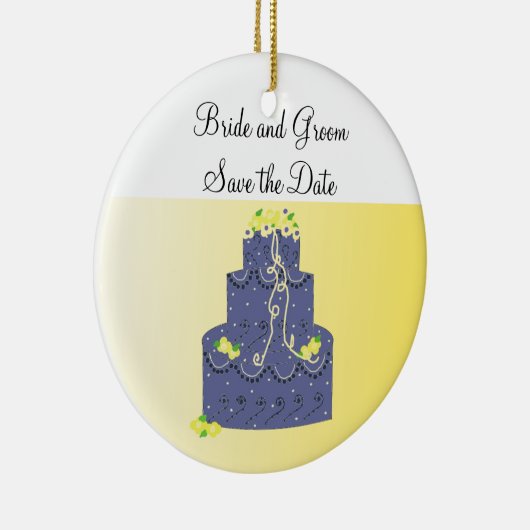Blauwe en gele Cake Save the Date Keramisch Ornament (Rechts)