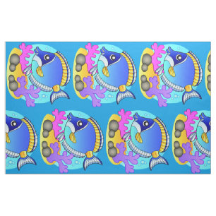 Blauwe en gele Cartoon Zoutwater Vis 2 Stof