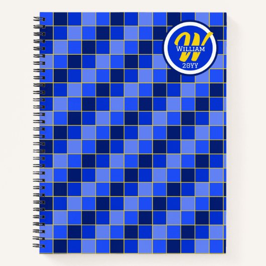 Blauwe en gele cheques gepersonaliseerd notitieboek (Voorkant)