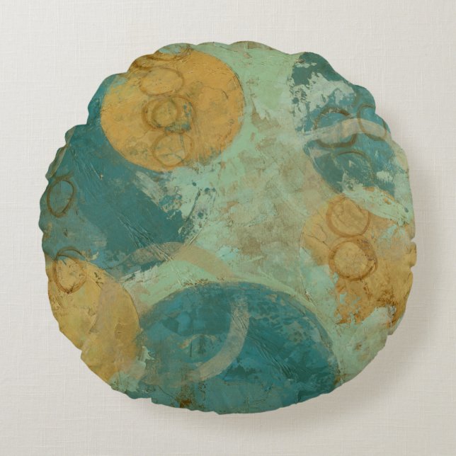 Blauwe en gele cirkels rond kussen (Voorkant)