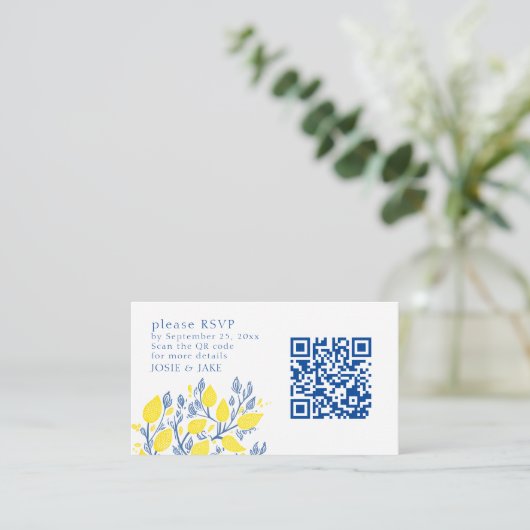 Blauwe en gele citroenwijnstokken RSVP QR Code Informatiekaartje (Staand voorkant)