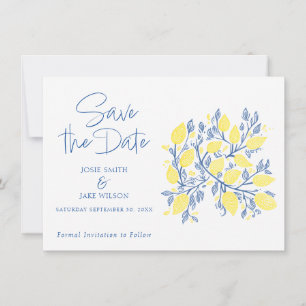 Blauwe en gele citroenwijnstokken slaan de datum o save the date