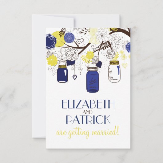 Blauwe en gele Floral Mason Jars Reception Kaart (Achterkant)